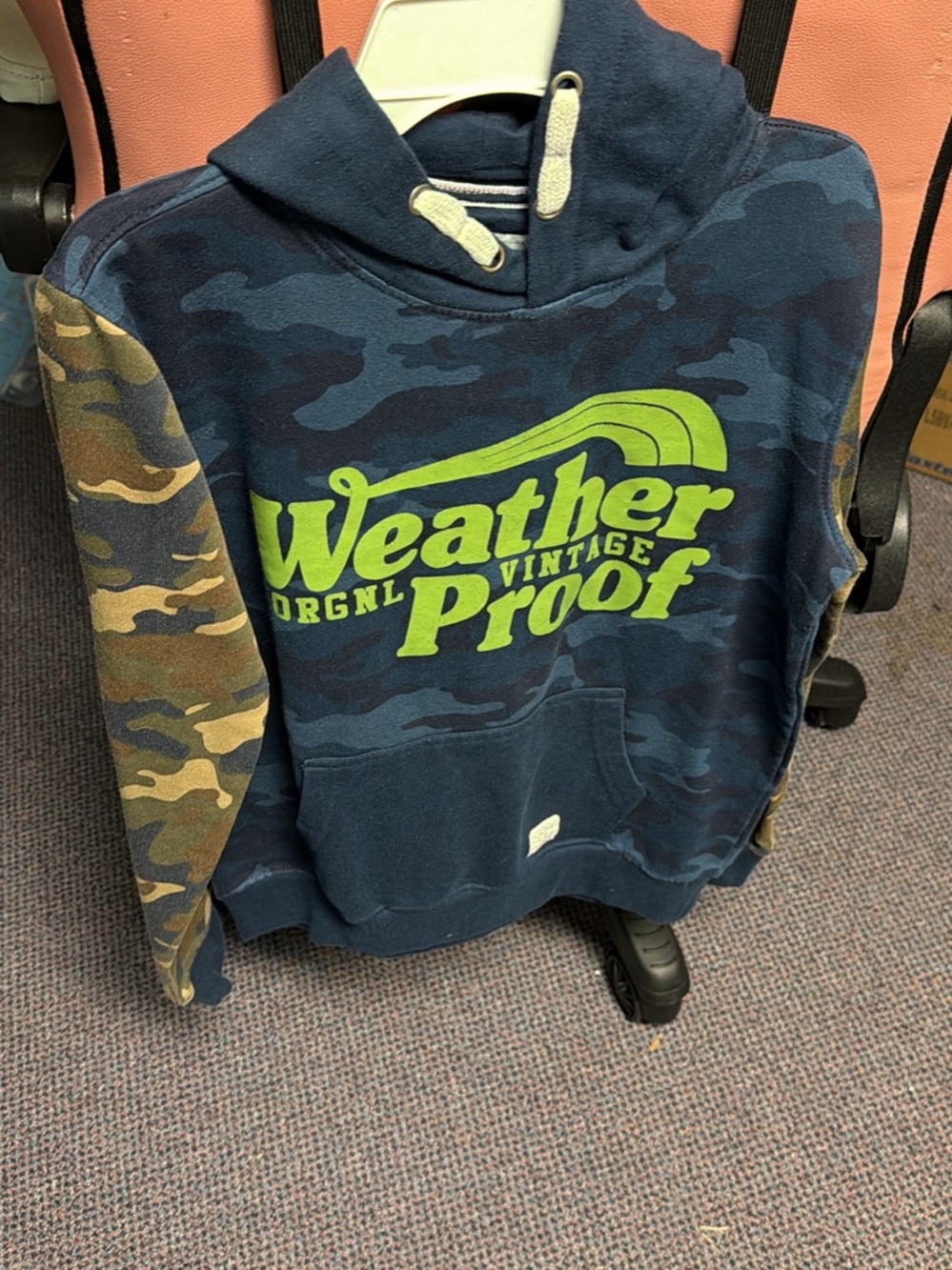 Weatherproof Kids Navy Camo Hoodie with Lime Logo and Camouflage Sleeves